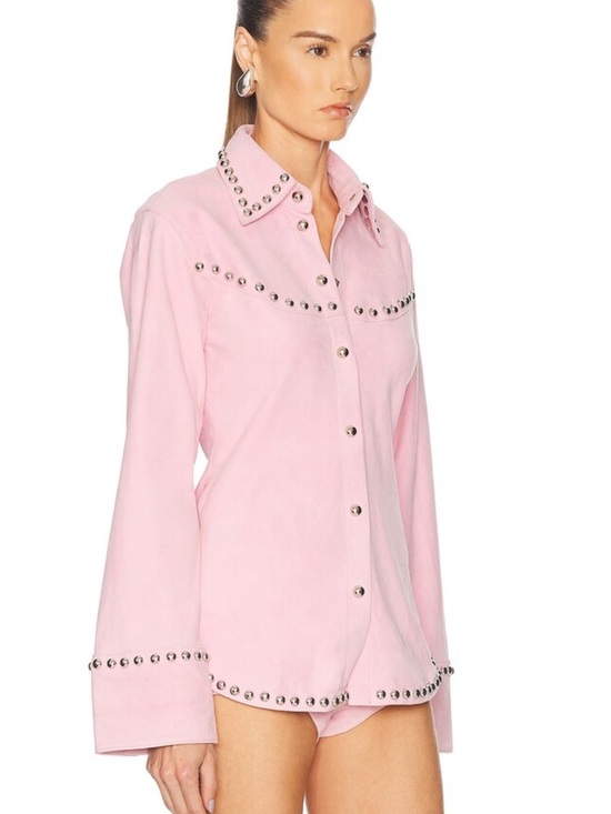 Retrofete Palmira Suede Shirt Studded Pink Button-Up jacket FWRD $898 NWT M - Picture 2 of 14